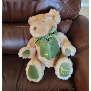 Harrods 1995 Teddy Bear Green Velvet Bow Embroidered Logo Plush Toy.